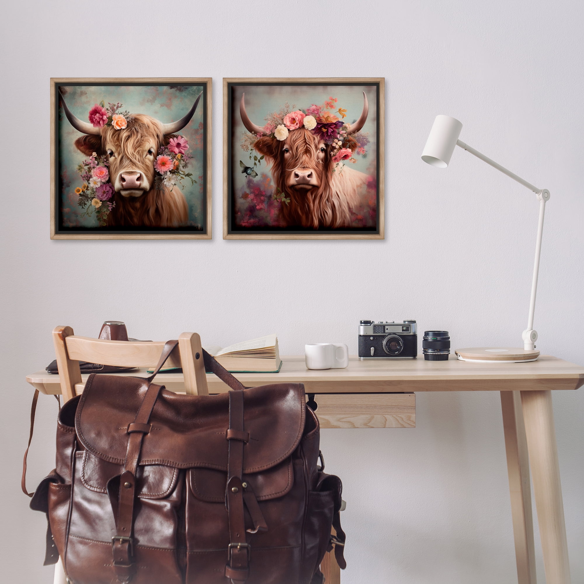 Stupell Industries Highland Cow Field Flower Crown Animals Painting Brown Floater Framed Canvas Art Print Wall Art, 18 x 18, Set of 2