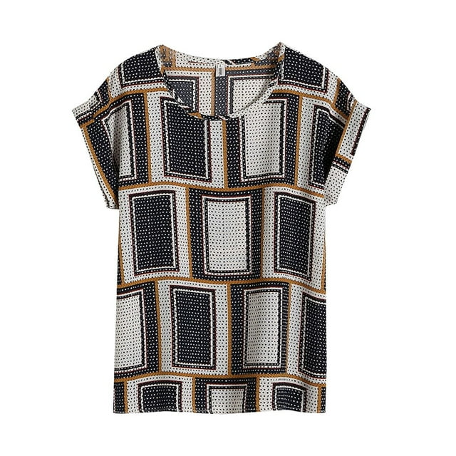 Gibobby Playeras Mujer Camiseta con fondo floral Camiseta con estampado de gasa corta Manga salvaje Mujer Camisetas de mujer(Negro, XXL)