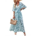 thumbnail image 2 of KOMOO Women Boho Floral Dress Summer Casual V Neck 3/4 Sleeve Wrap Dress Kimono Dress with Belt Slit Flowy Long Dresses, 2 of 6