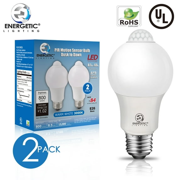 ENERGETIC Outdoor A19 Motion Sensor Light Bulb, 60 Watt Equivalent (8.5W), Automatic Activated by Motion,E26, 4000K Dusk to Dawn Security Bulbs, 2 Pack