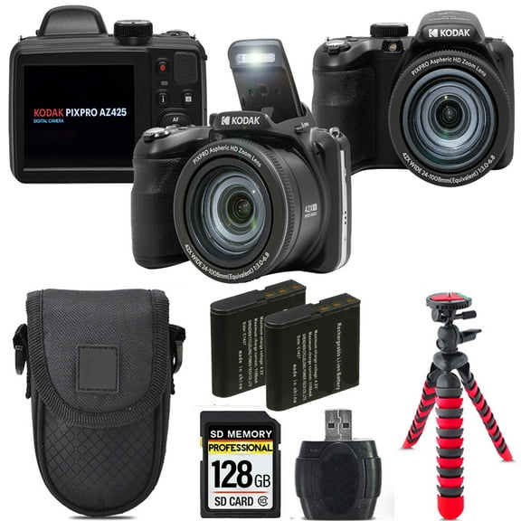 Kodak PIXPRO AZ425 Digital Camera (Black) Extra Battery Tripod Case -128GB Kit (International Version)