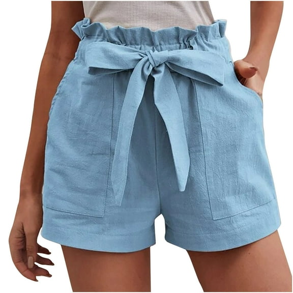 YYDGH Women's Summer Shorts Pants Ruffle Belted Elastic Hight Waist Casual Shorts with Pockets Sky Blue S