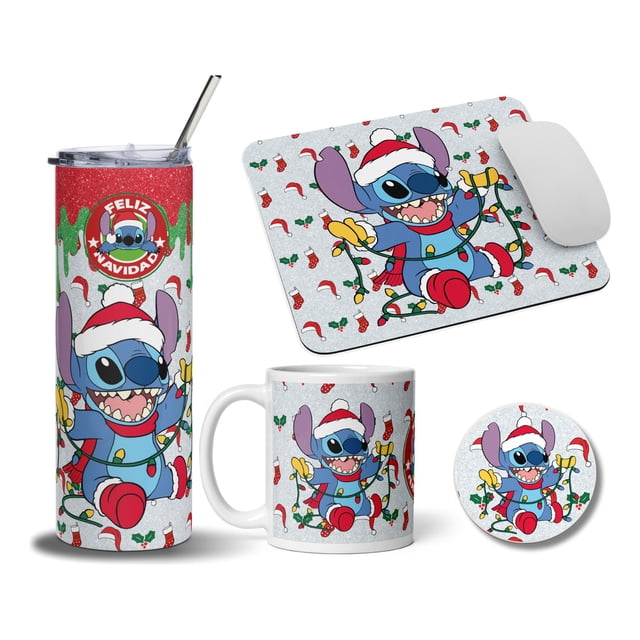 Termo 20oz taza posavaso Mouse Pad SVArt diseño Stich Feliz navidad MD7