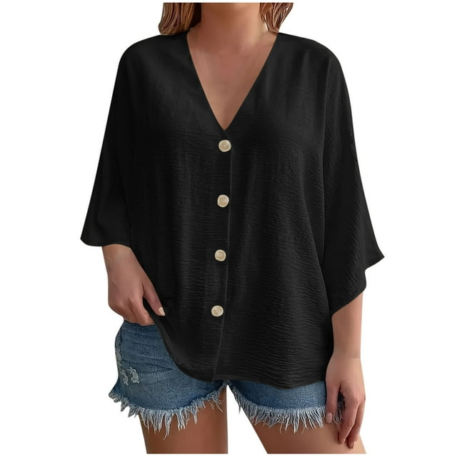 Diufon Women's Button Down Shirts 3/4 Sleev V Neck Tunic Blouses Plus Size Loose Flowy Cardigan Tops