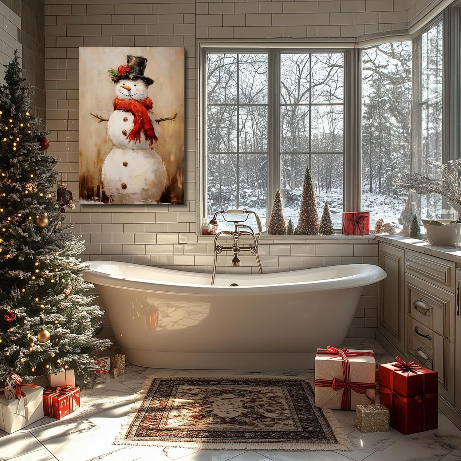 Rustic Snowman Christmas Wall Art, Framed Christmas Pictures for Bedroom & Bathroom Wall Decorations, Farmhouse Winter Scene Painting Canvas Prints for Living Room