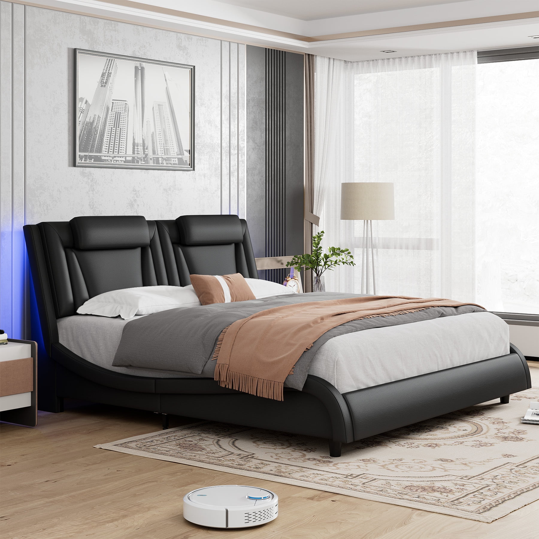 Homfa Queen Size LED Bed Frame, PU Leather Curved Upholstered Platform Bed Frame with Adjustable Headboard and Pillow, Black