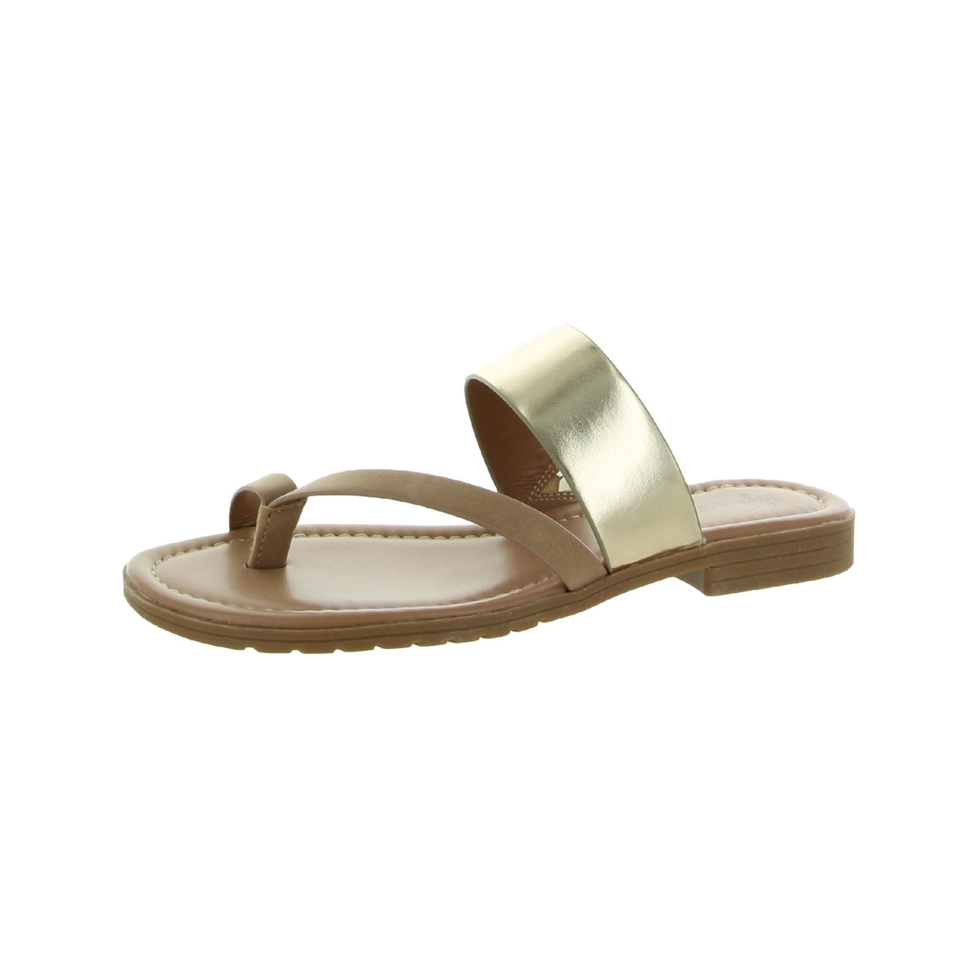 STYLE COMPANY Womens Gold Side Gore Strappy Sallee Round Toe Block Heel Slip On Thong Sandals Shoes 5 M