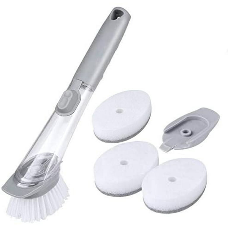 Dish Brush with Soap Dispenser 3 Brush Replacement Heads Set Dish Scrubber with Silicone Handle Kitchen Dish Scrub Brush for Cleaning Dishes