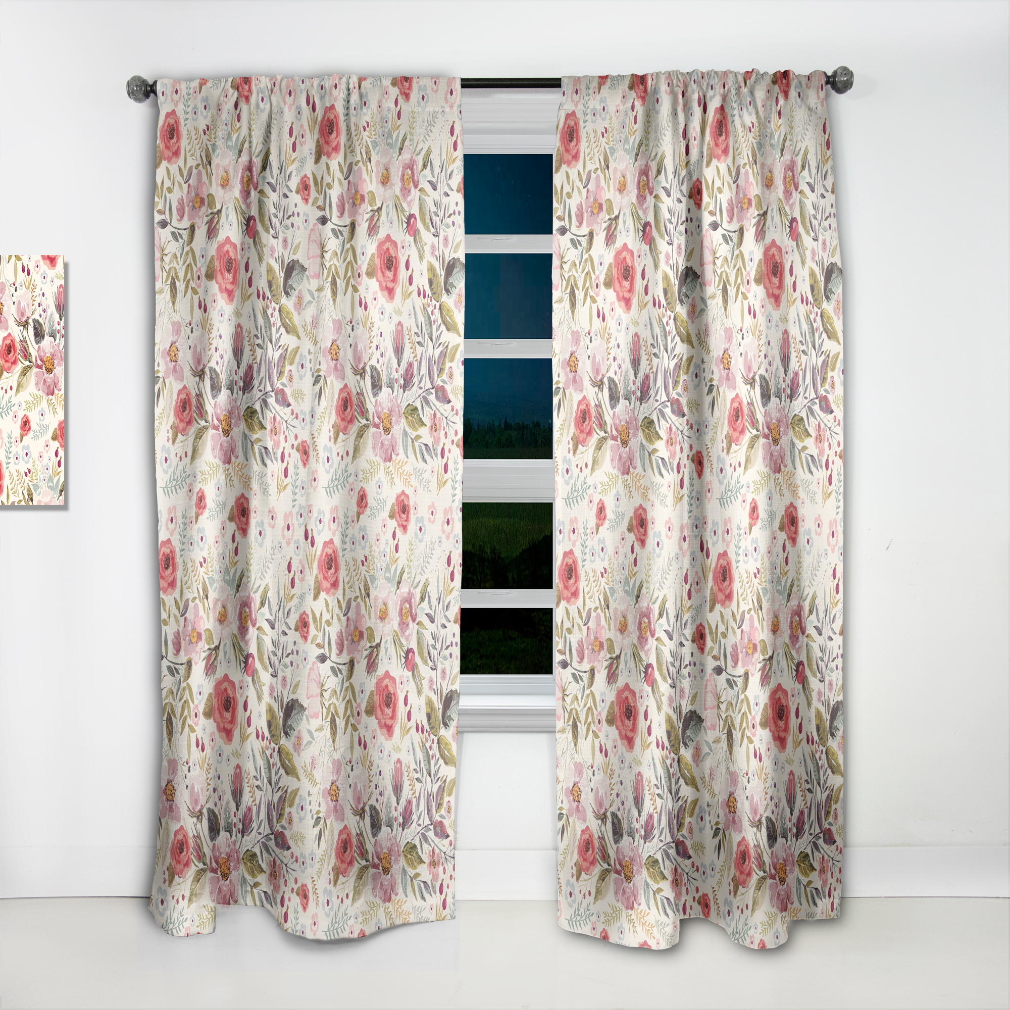 Designart 'Red Pink Vintage Flower and Leaves' Rustic Curtain Panel