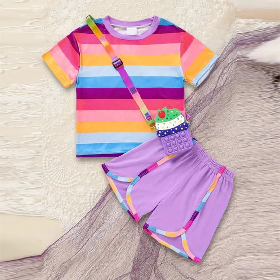 ZEHJUHAN Toddler Girls 3-Piece Summer Outfit Set Rainbow Striped T-Shirt Sport Shorts Matching Bag Cute Playwear Purple,18-24M