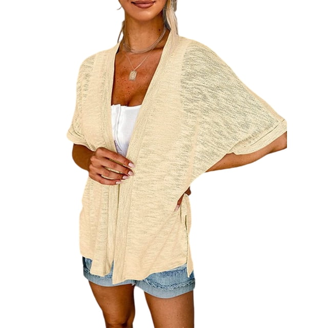 Daeful Chemise Cardigan pour Femmes Couverture Solide Printemps Ouvert Léger Abricot TG