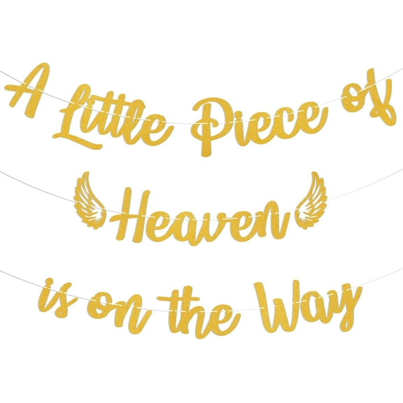 A Little Piece of Heaven is on the Way Banner - Angel Themed Gender Reveal Party Decor, Heaven Sent Baby Shower Decorations Gold Glitter