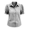 thumbnail image 5 of Admvng Women's Gingham Plaid Shirt Lapel V Neck Puff Ruffle Short Sleeve Chest Pocket Button Down Casual Blouse Tops, 5 of 6