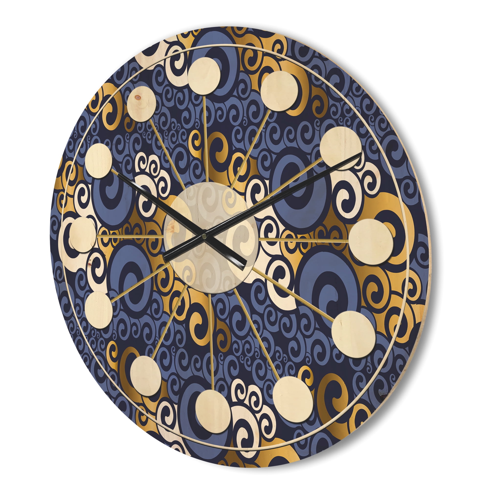 Designart 'Retro Luxury Waves In Blue and Gold III' Mid-Century Modern Wood Wall Clock