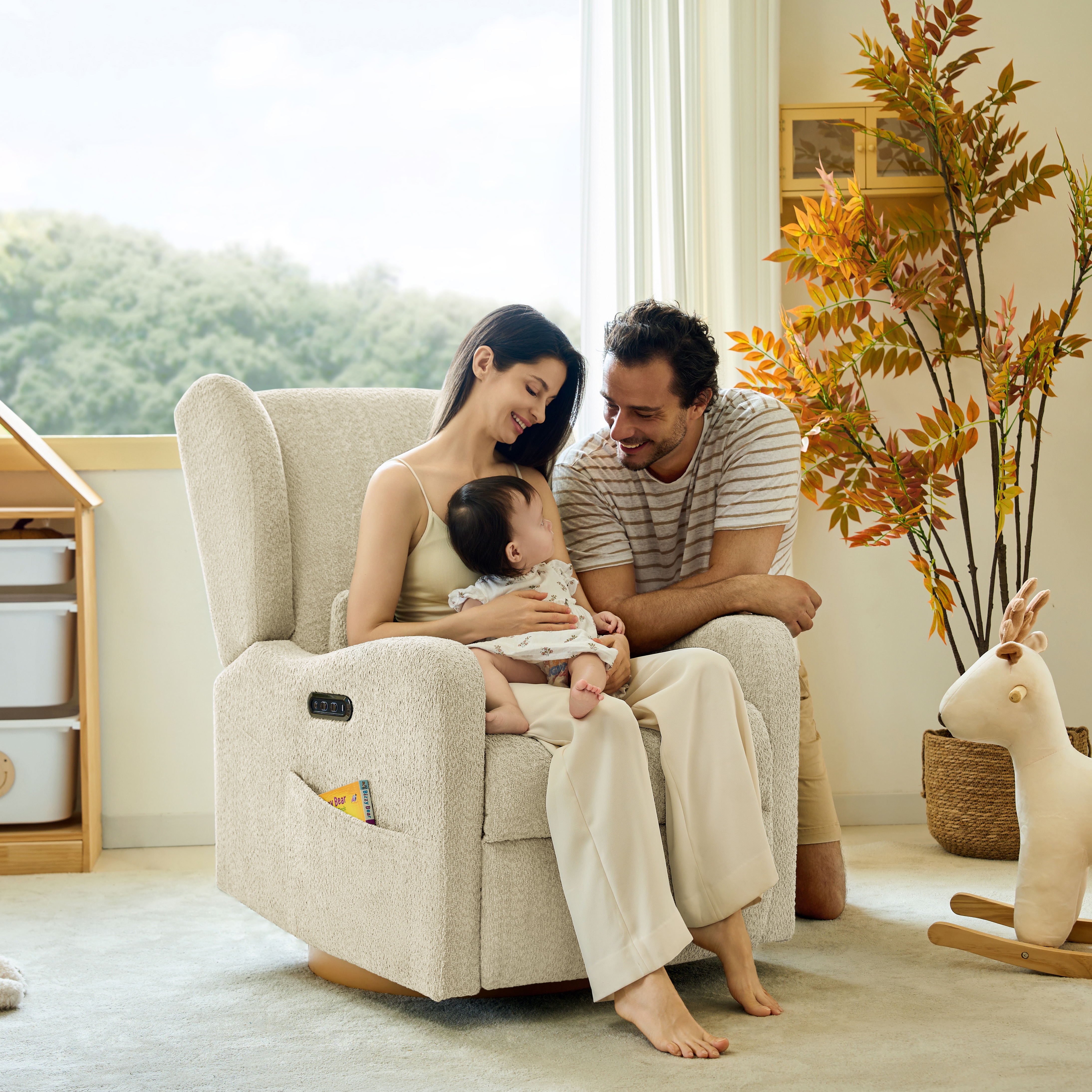 Tina's Home Electric Power Glider Swivel Nursery Recliner Chair Wingback with USB, Waterproof Stain-resistant for Baby Feeding & Living Room Tan
