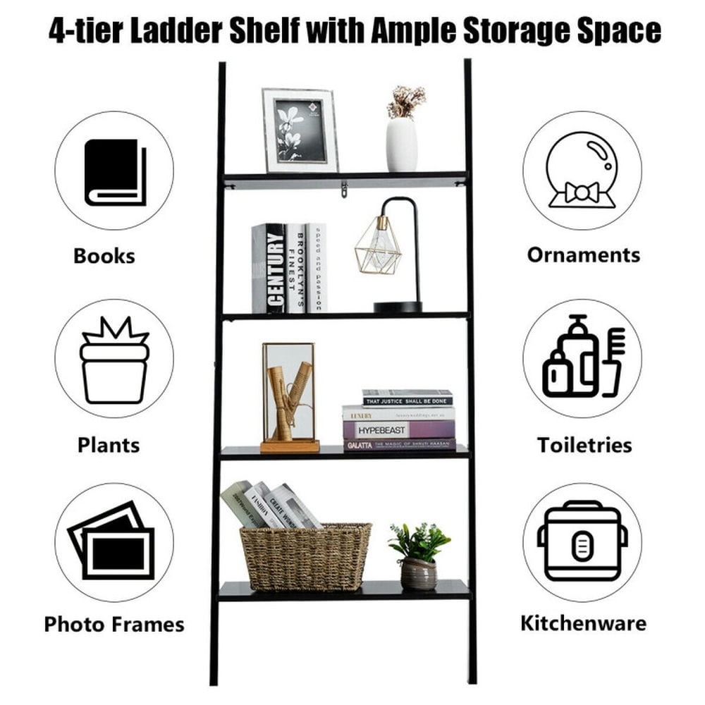 Demi Bonn 4-Tier Industrial Leaning Wall Bookshelf, Display Rack for Plants and Books, Black