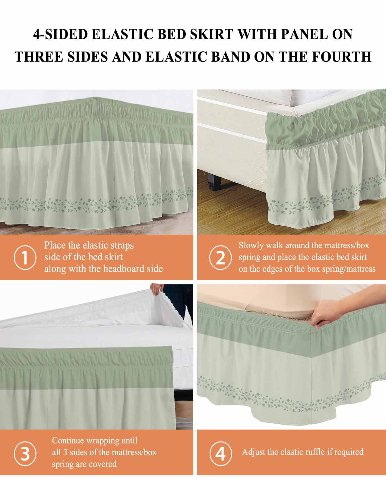Spring Leaf Bed Skirt Queen Size 18 Inch Drop, Spring Sage Green Leaf Branch Plant Green Background Adjustable Elastic Dust Ruffles Bedskirt for Queen Bed Wrap Around Pleated Mattress Frame Cover