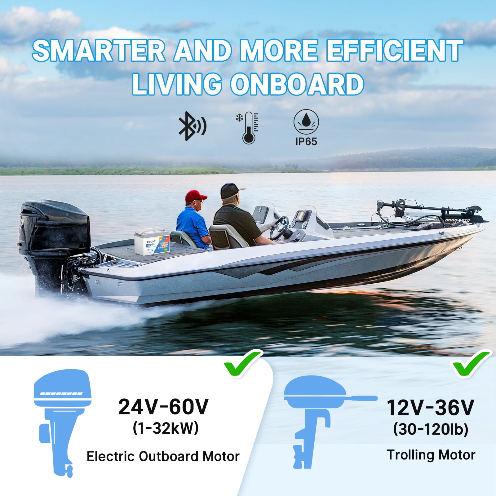 Redodo 12V 100Ah LiFePO4 Battery (4 Pack), Bluetooth Electric Outboard Motor Battery with 100A BMS Supports up to 60V System