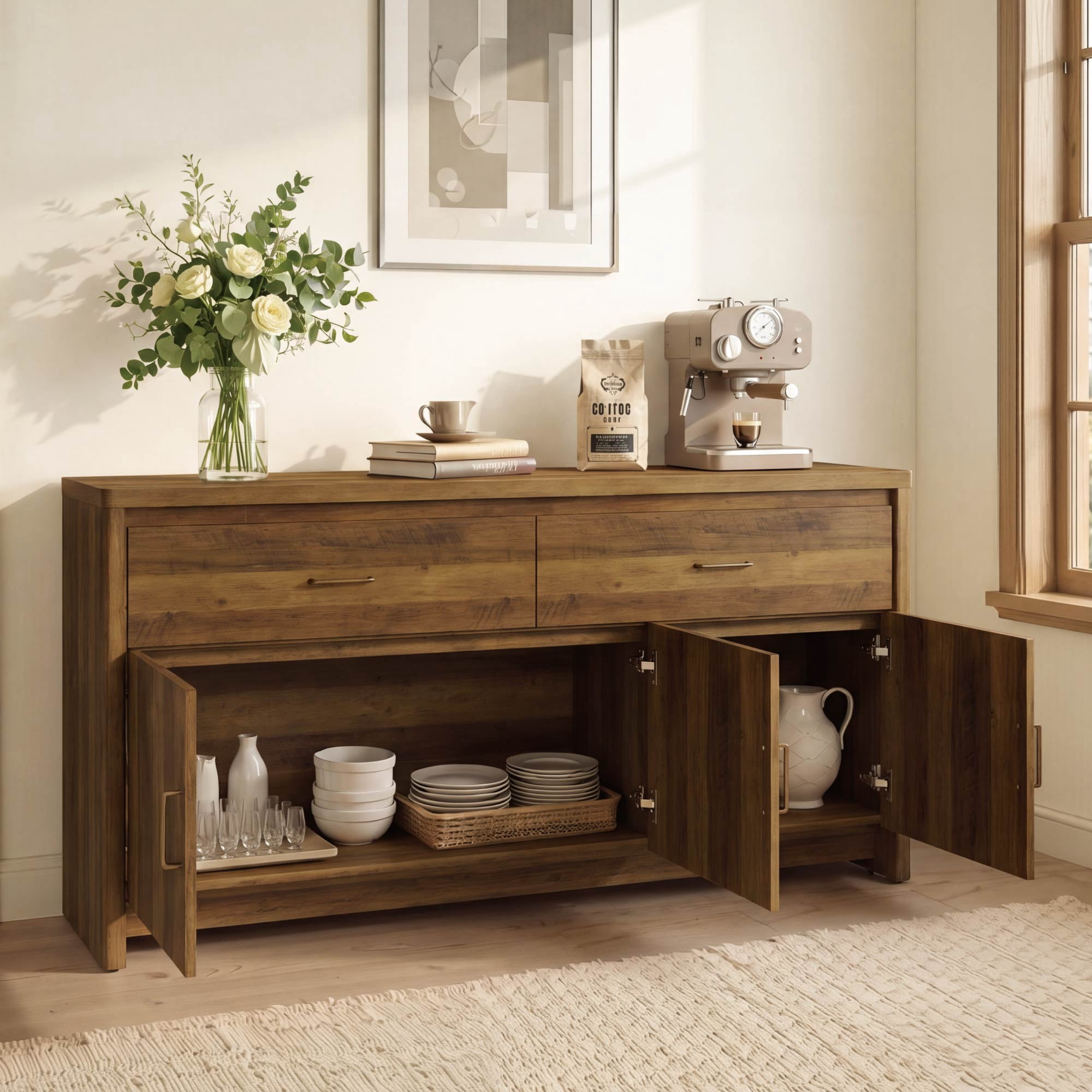 Spruce & Spring 59" Curved Sideboard Buffet Cabinet with Storage, Modern 3-Door 2-Drawer Credenza for Dining Room Living Room Entryway, Oak