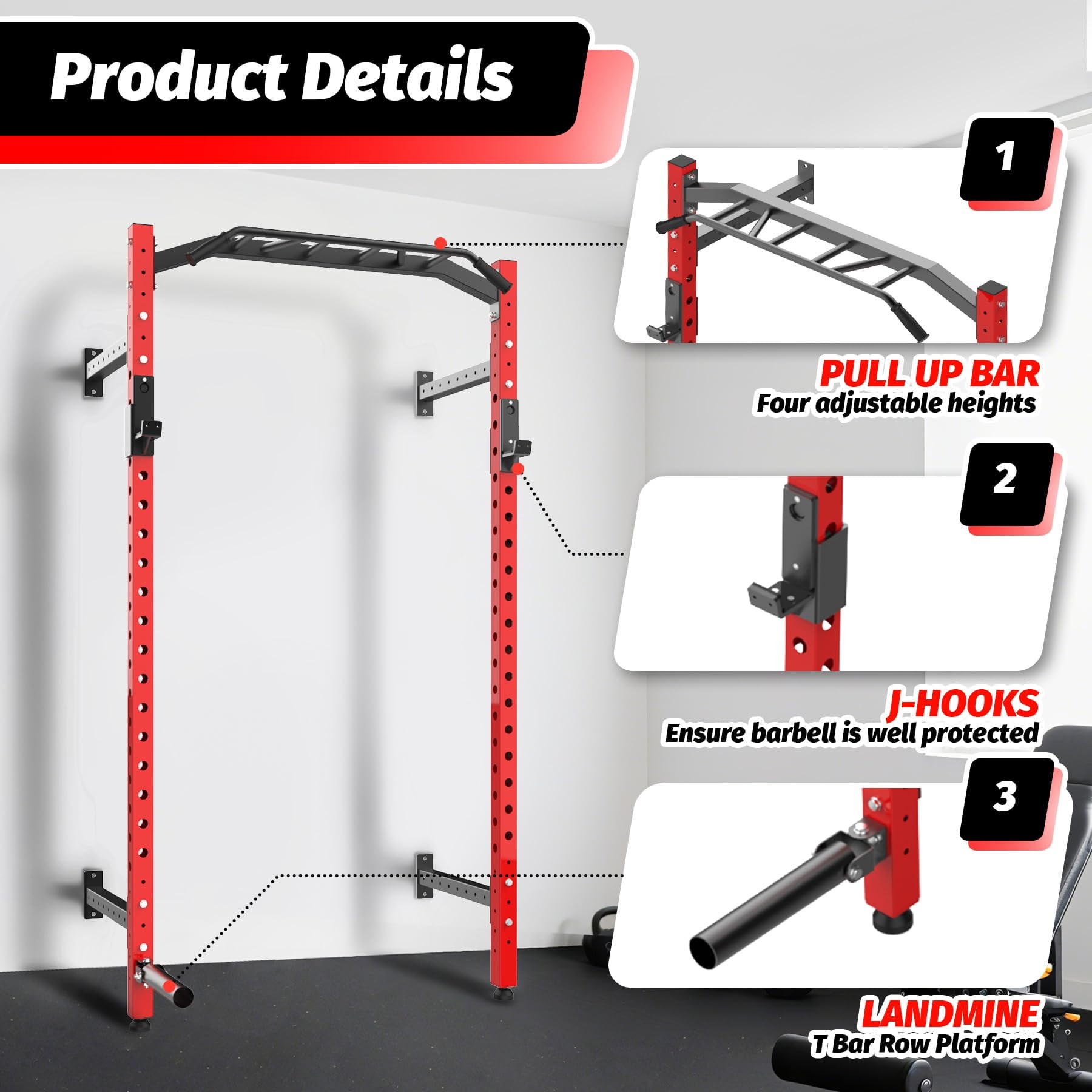 Ataucjin Wall Mounted Power Rack,Multi-Function Power Cage for Strength Training,1600LB Commercial Squat Rack for Home Gym with Multi-Grip Pull Up Bar,J-Cups & Landmine Attachment for Home and Garage