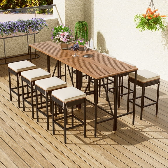 Patio Dining Furniture | Comfortable Seating for 8 | Acacia Wood and Wicker Craft | Moves Easily to Any Spot