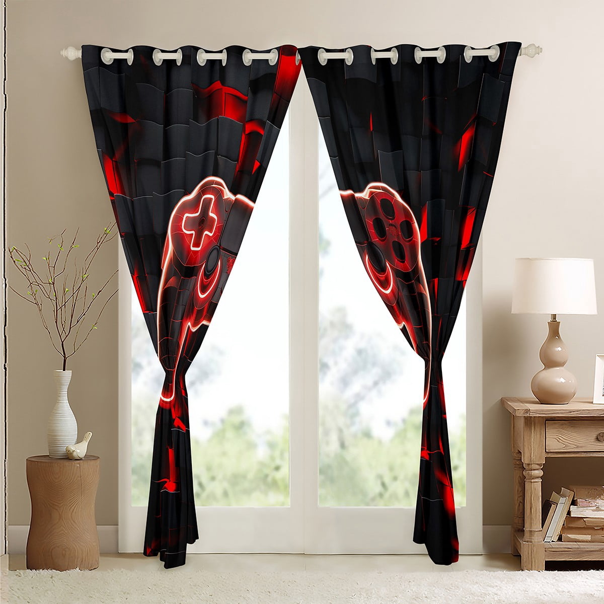 YST Gaming Blackout Curtains for Boys Kids Gamer Curtains, Boys Gaming Themed Bedroom Curtains Geometry Honeycomb Print Window Curtains, Modern Abstract Plaid Curtains Red,2 Panels 42"Wx63"L