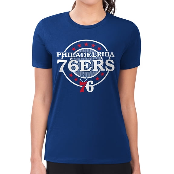 Women's G-III 4Her by Carl Banks Royal Philadelphia 76ers Super-Slim Lightweight Pinstripe Circle Graphic T-Shirt