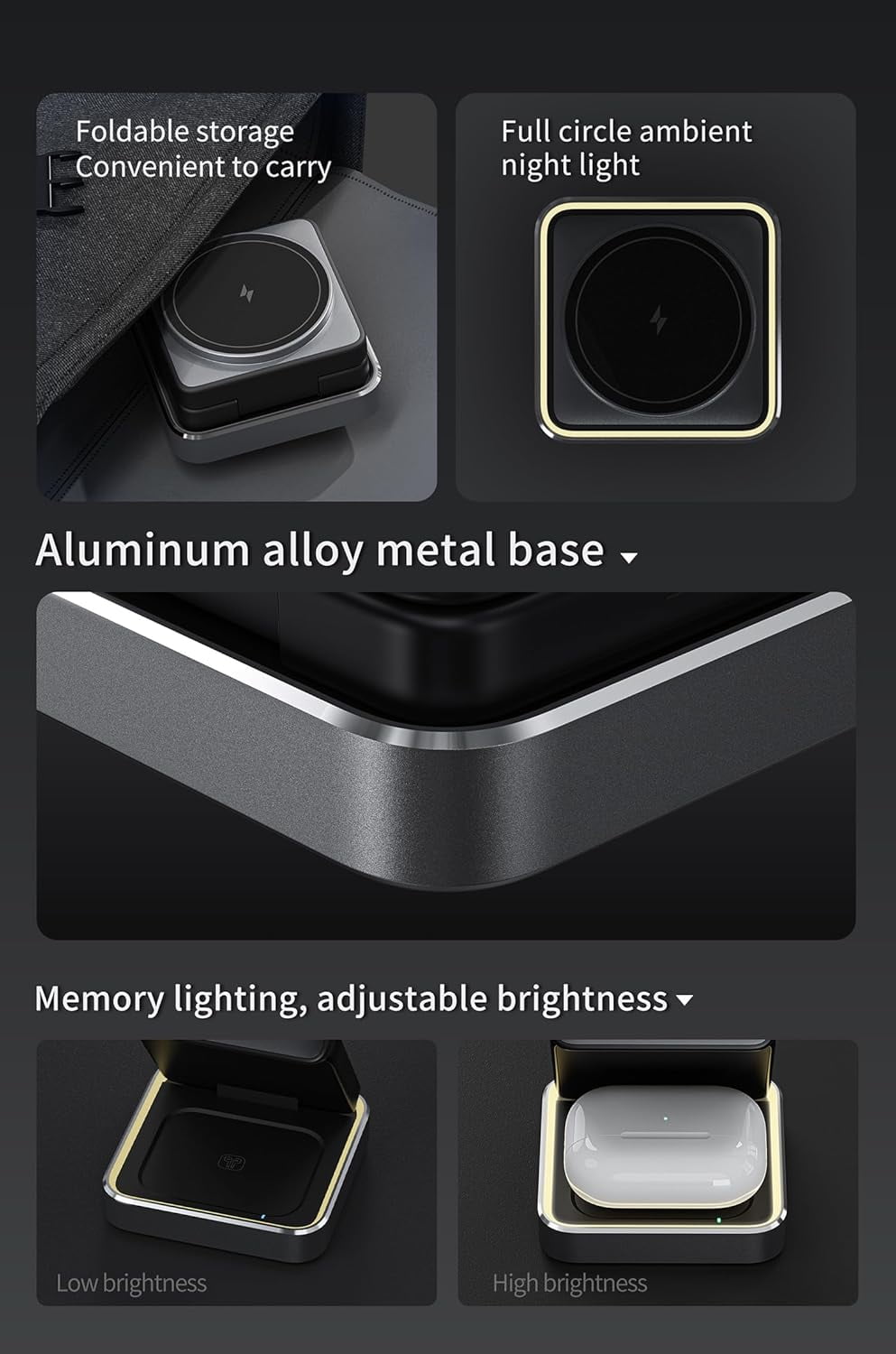 3 in 1 Wireless Charger for iPhone 17 16 15 14 13 12 11 Pro Max Foldable Wireless Charging Station with Night Light for MagSafe Travel Magnetic Charger Stand Fast Charging for AirPods Apple Watch B