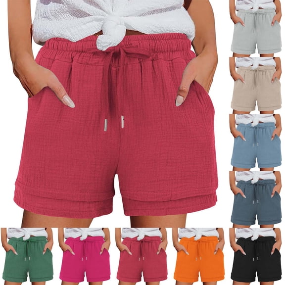 RongHuan Women Cotton Beach Shorts Drawstring Elastic High Waisted Shorts Casual Summer Short Pants Comfy Vacation Shorts