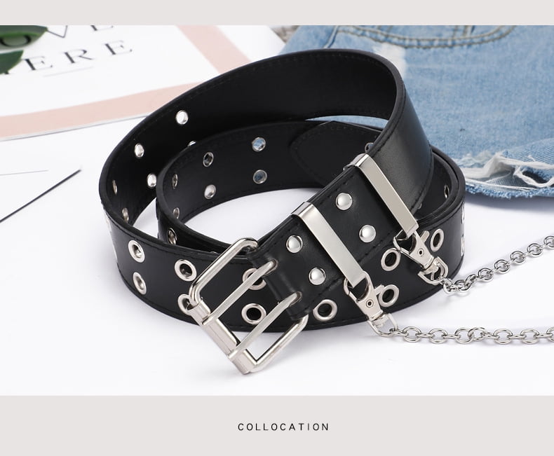 Double Grommet Leather Belt with Detachable Chain for Women Men