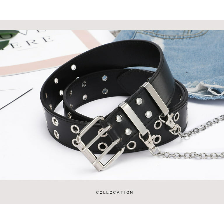 INOGIH Double-Grommet-Belt Leather Punk-Waist-Belt with Chain for Women Jeans Dresses