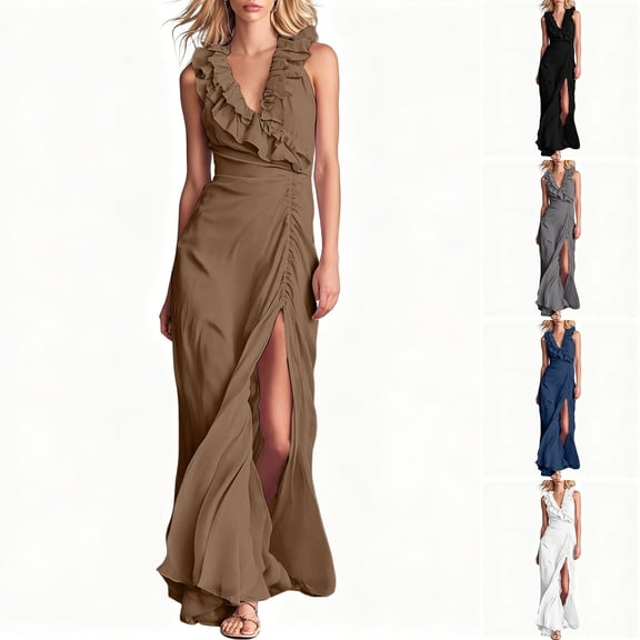 Miluxas Women's Sleeveless Maxi Dress Ruffle V Neck Ruched Waist High Slit Flowy Long Dress Wedding Guest Gown Dress Boho Vacation Sundress White
