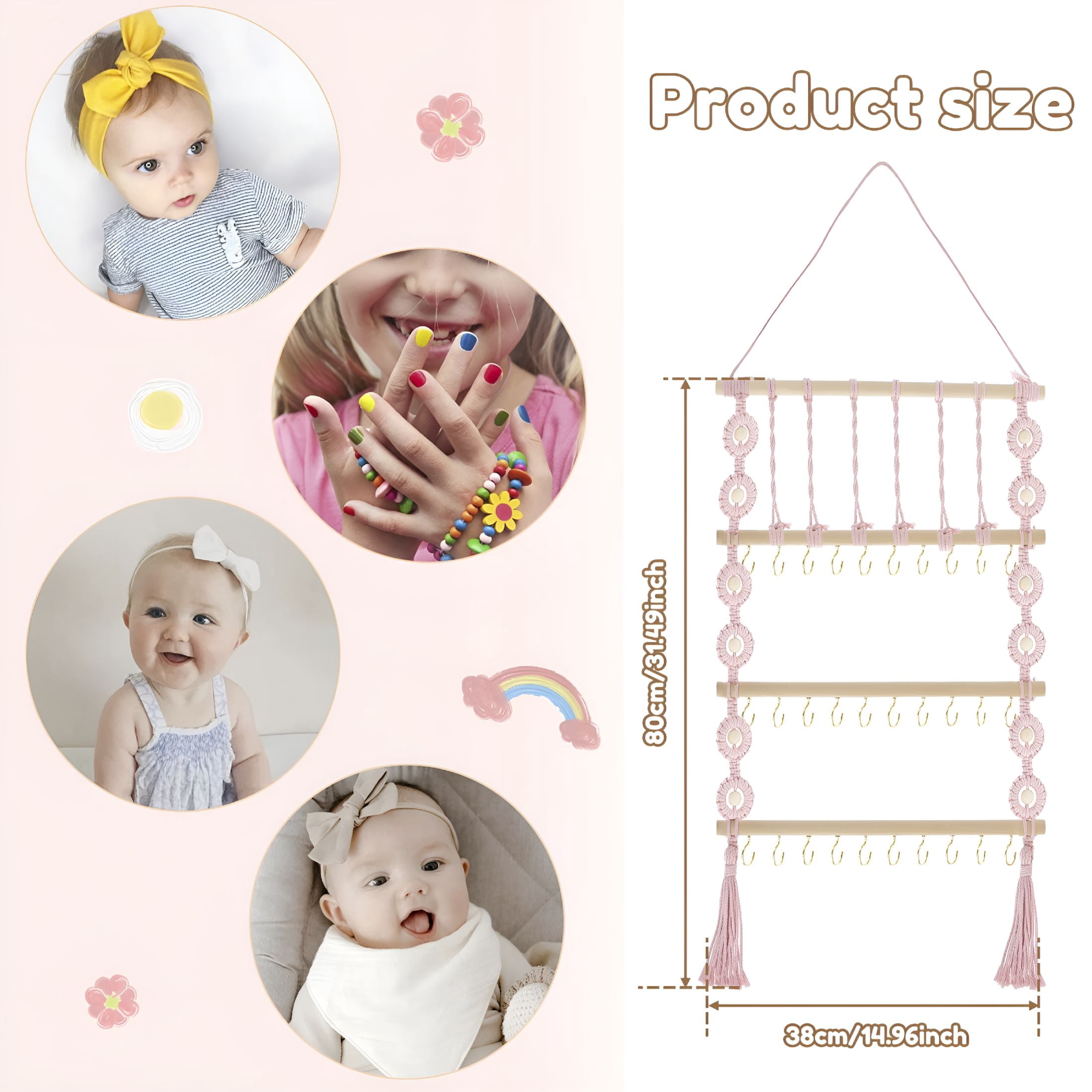 XIBUFE 2026 New Bow Organizer for Girls Headband Holder Hair Bows Organizer for Baby Girls Large Capacity Bow Holder Hair Accessories Wall Hanging Organizer for Toddler Baby Girl Room Decor(Pink)