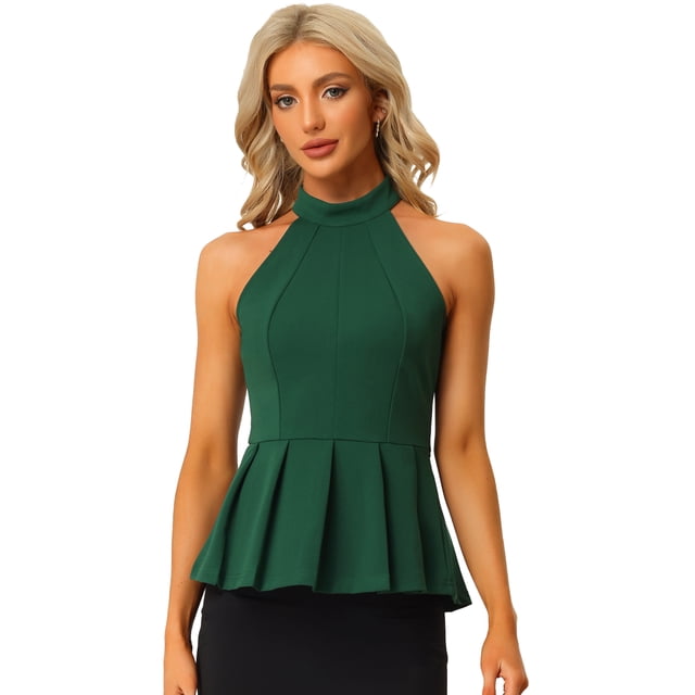Chaleco peplum plisado con cuello halter sin mangas de verano para mujer Verde oscuro S