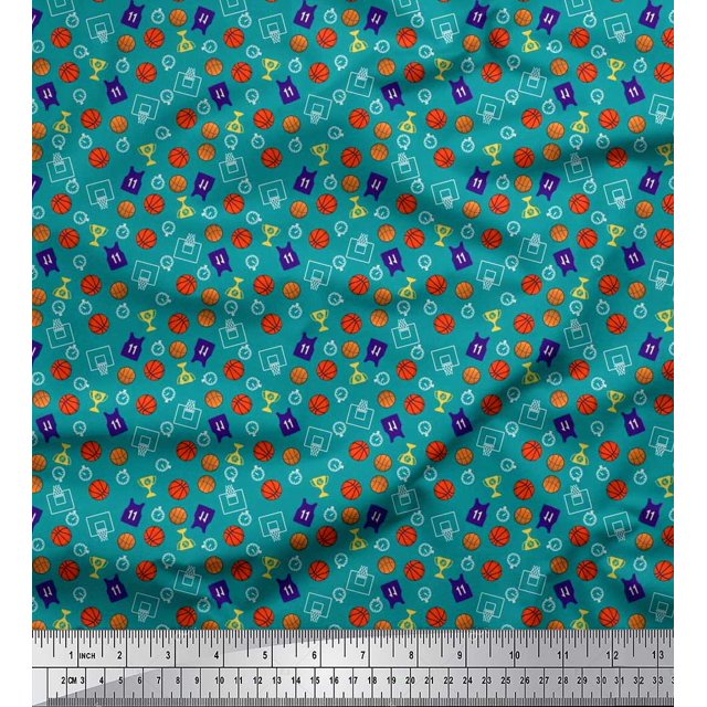 Soimoi Poly Georgette Fabric Trophy,Timer Clock & Basketball Sports Print Fabric by The Yard 52 Inch Wide