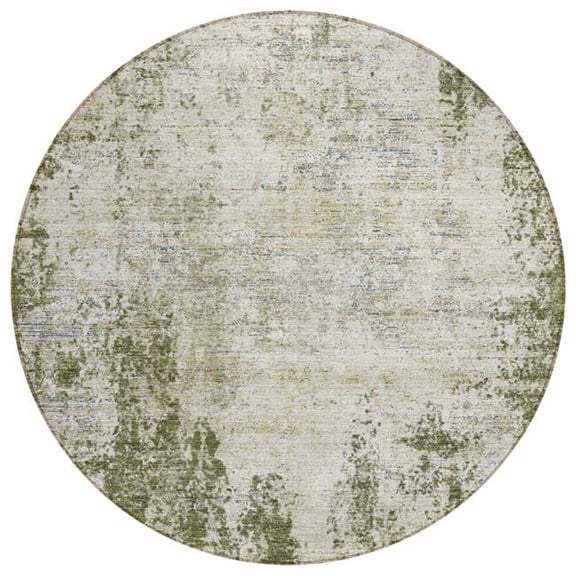HomeRoots 612336 8 ft. Olive Green & Ivory Round Abstract Washable Indoor & Outdoor Area Rug