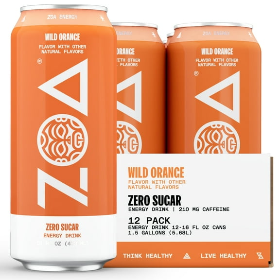 ZOA Zero Sugar Energy Drink, Wild Orange, 16oz (12-Pack)