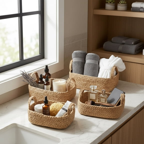 Ngardk Storage Baskets, Cube Storage Bins, Cube Organizer Bins, Basket for Organizing, Jute Rope Baskets for Shelves, Pack of 4, Multi Sizes, Jute Color
