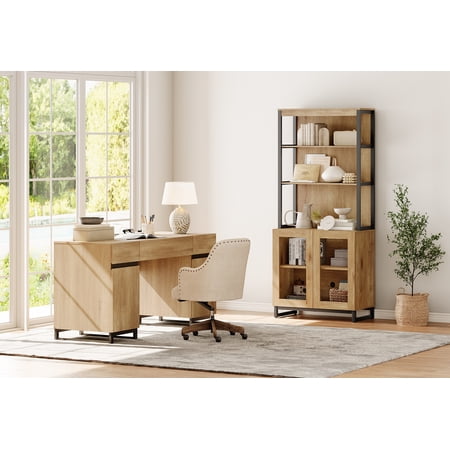 WAMPAT Home Office Furniture Set: 59 Executive Desk with Charging Station and Storage Cabinet 72 Tall Bookcase Modern Computer Desk and Library Shelf for Work Study Oak