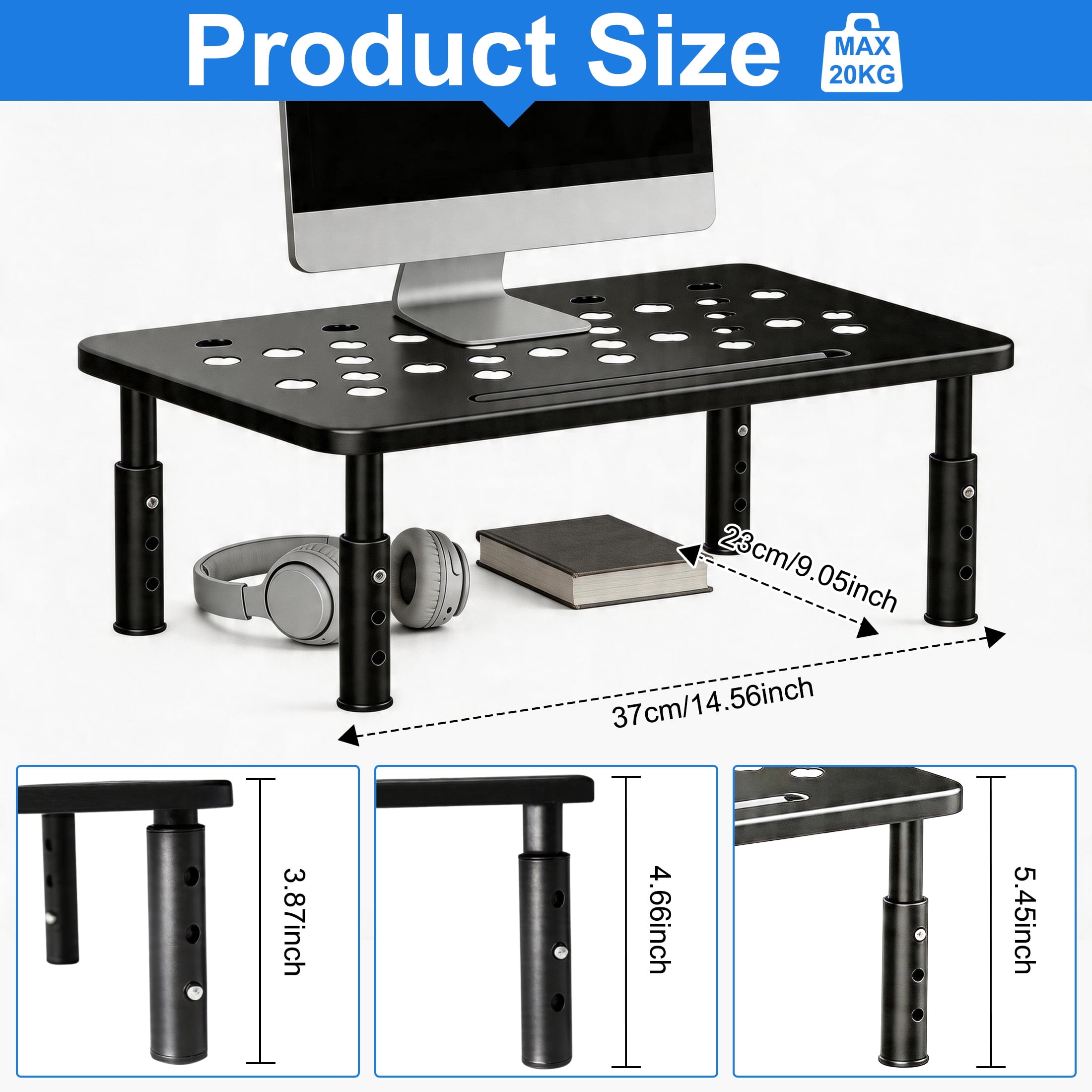2-Pack Adjustable Monitor Stand Riser, Metal Computer Monitor Riser with 3 Height Settings, Desk Stand for Laptop, Printer, Desktop Organizer