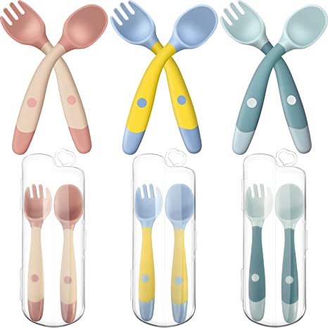 Juego de cuchara y tenedor para niños pequeños con estuche, cubiertos plegables de autoalimentación, cuchara de silicona, tenedor, verde, rosa, amarillo (3 juegos) JAMW Sencillez