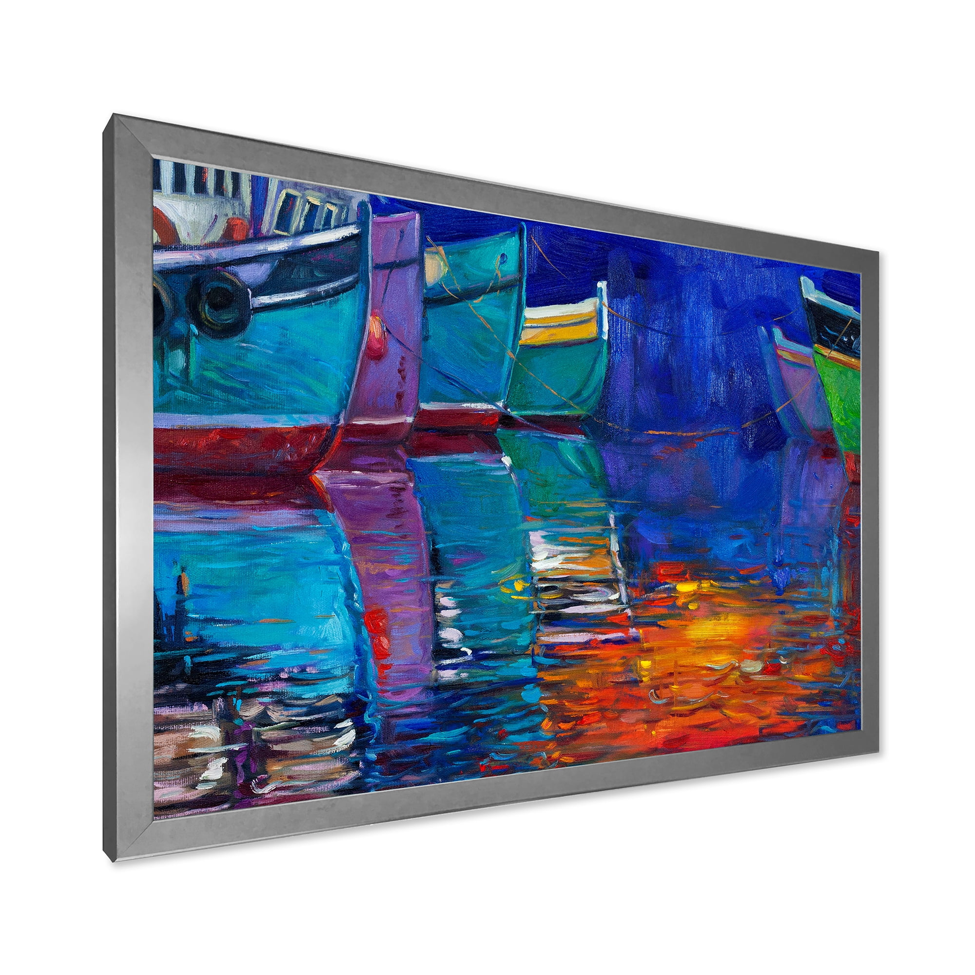 Boats During Warm Sunset Resting On The Water I 32 in x 16 in Framed Painting Canvas Art Print, by Designart