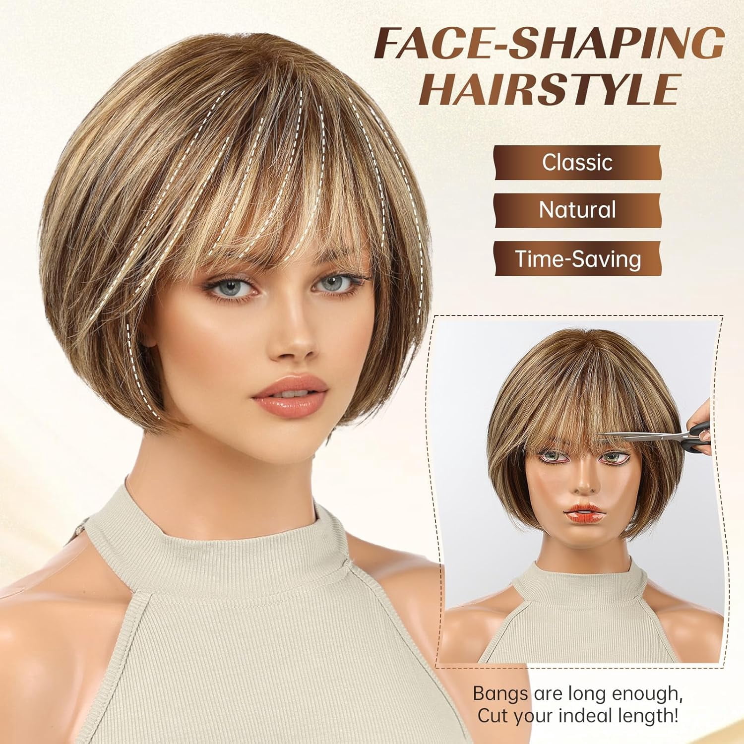 DOPI 10 Inch Brown Mixed Blonde Wigs Human Hair for Women, Remy Human Hair Wigs, Human Hair Wigs with Bangs