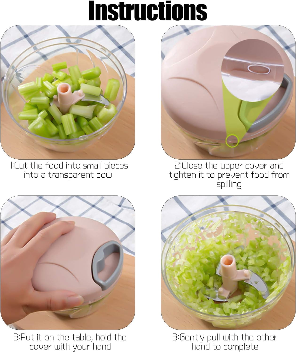 LINLIN Vegetable Onion Chopper, Stainless Steel Removable Blades, Manual Pull Food Chopper, Quick Hand Crusher for Garlic, Meat, Camping, Kitchen, Picnic Party (Blue)
