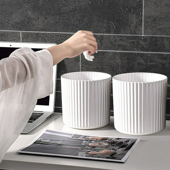 5.8" Round Desk Trash Bin, Vertical Stripe Mini Wastebasket for Bedroom/Office, Thickened Plastic Garbage Can Without Lid, for Bathroom Kitchen Counter (White)