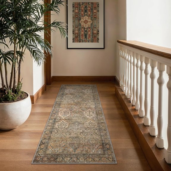 Kitchen Rug 2x5 Runner Rugs for Hallways Entryway, Washable Vintage Print Carpet, Ultra-Thin Chenille Low Pile Lightweight Rug with Non Slip Backing, Warm Taupe