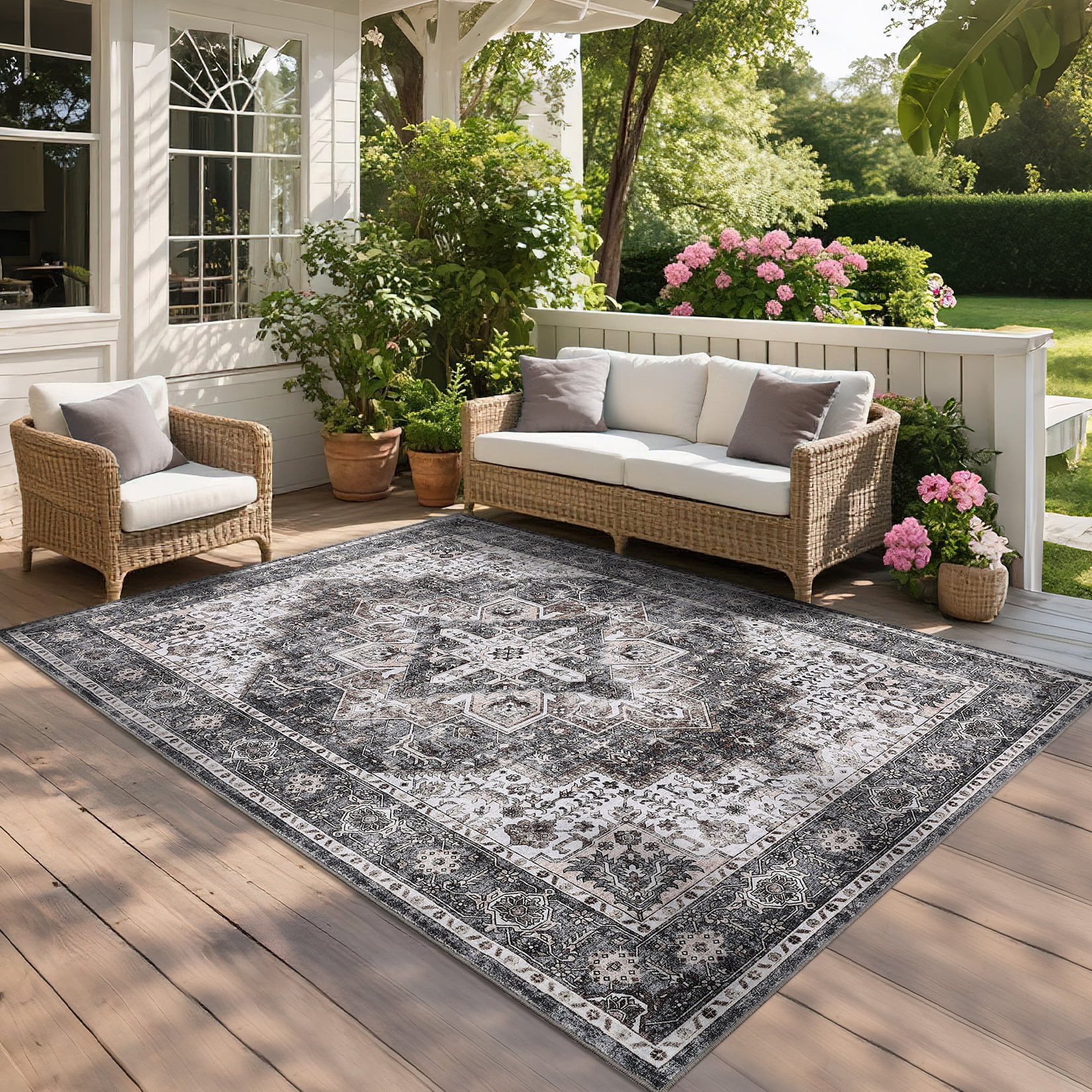 FairOnly 5'x7'Vintage Distressed Floral Machine Washable Area Rug for Bedroom Non Slip Low Pile Floor Cover for Dinning Room Kitchen Living Room,Camel