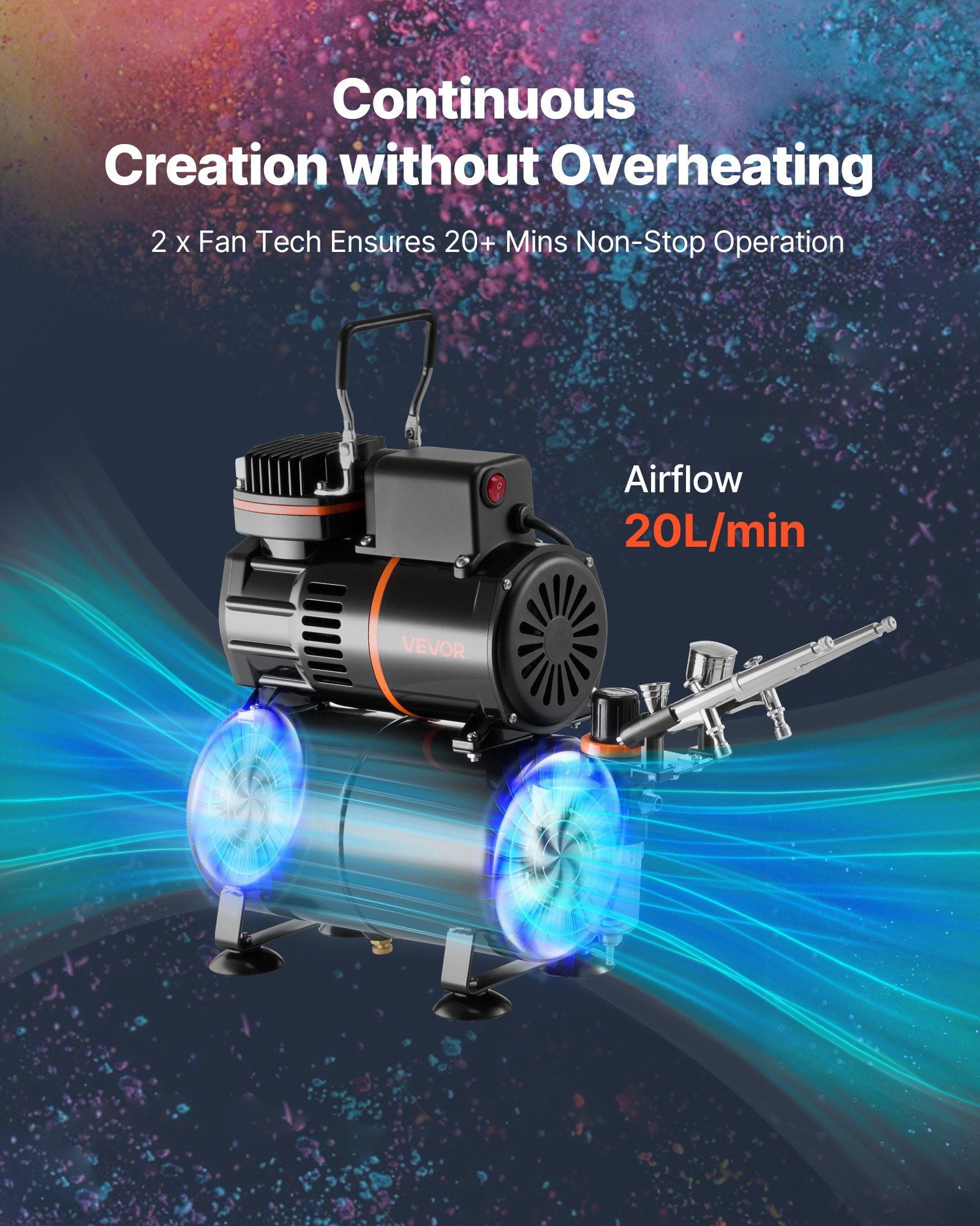 Deluxe Airbrush Kit with 1/6 HP Air Compressor & Tank - Features 3 Dual-Action Airbrushes, Tips, Paint, Hose, Fans - Great for Cake, Model, Nail Decor