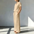thumbnail image 6 of BRELIL Women Plus Size Two Piece Outfits V Neck Short Sleeve Tee Wide Leg Pants Casual Lounge Set Solid Boho Vacation Travel Loose Tracksuit, Khaki 2XL, 6 of 6