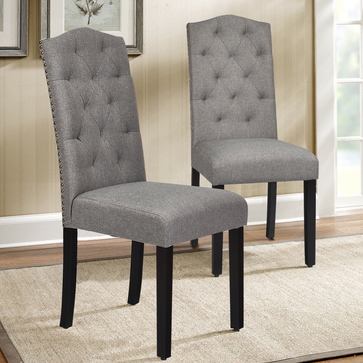 Gymax Set of 4 Tufted Upholstered Dining Chair w/ Nailhead Trim & Rubber Wooden Legs